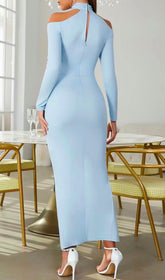 HALTER OFF SHOULDER WAIST HOLLOW MIDI DRESS IN SKY BLUE